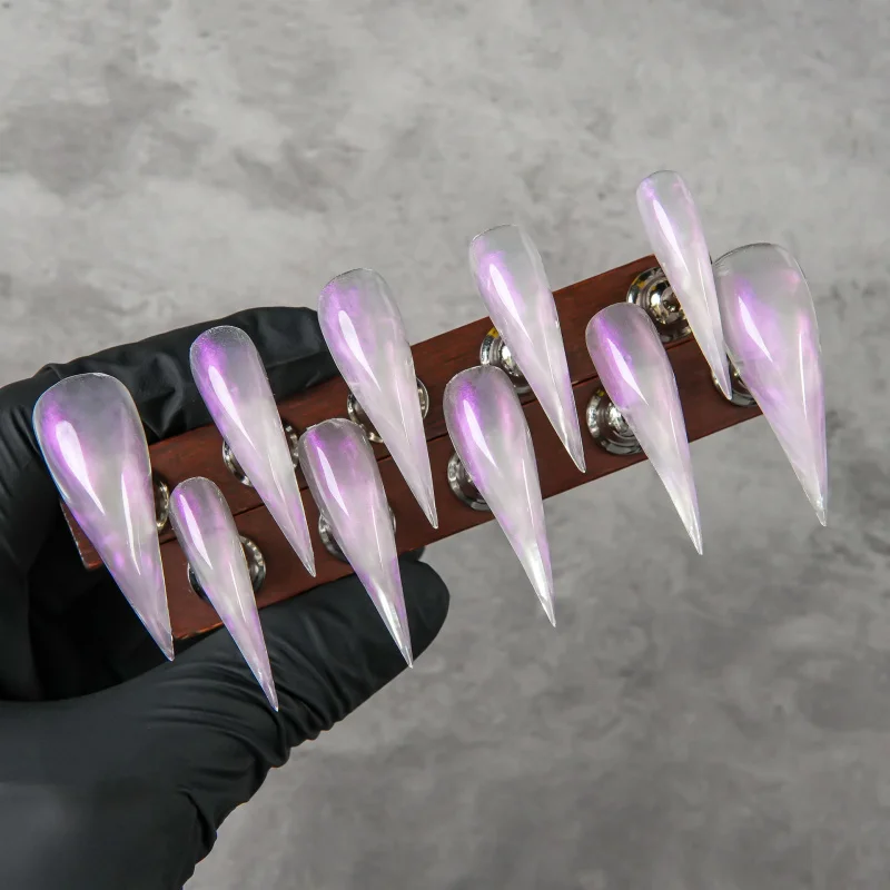 

Extra Long Stiletto Jelly Lavender Gradient Press On Nails Transparent Glossy Pink Purple Smoke Minimalist Fairy Reusable False