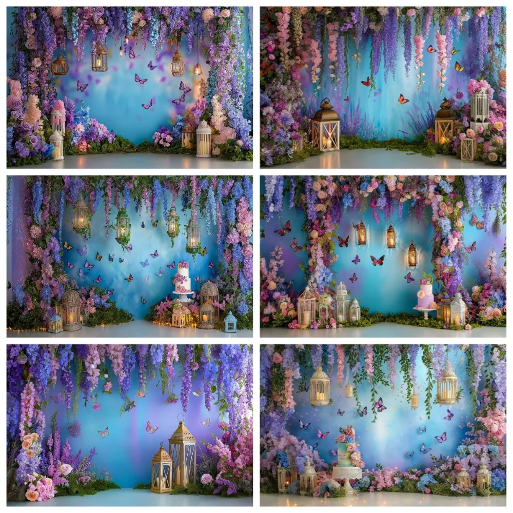 

Purple Wisteria Butterfly Themed Birthday Banner Photography Backdrop, Children's Birthday Party Decoration Photography Backdrop