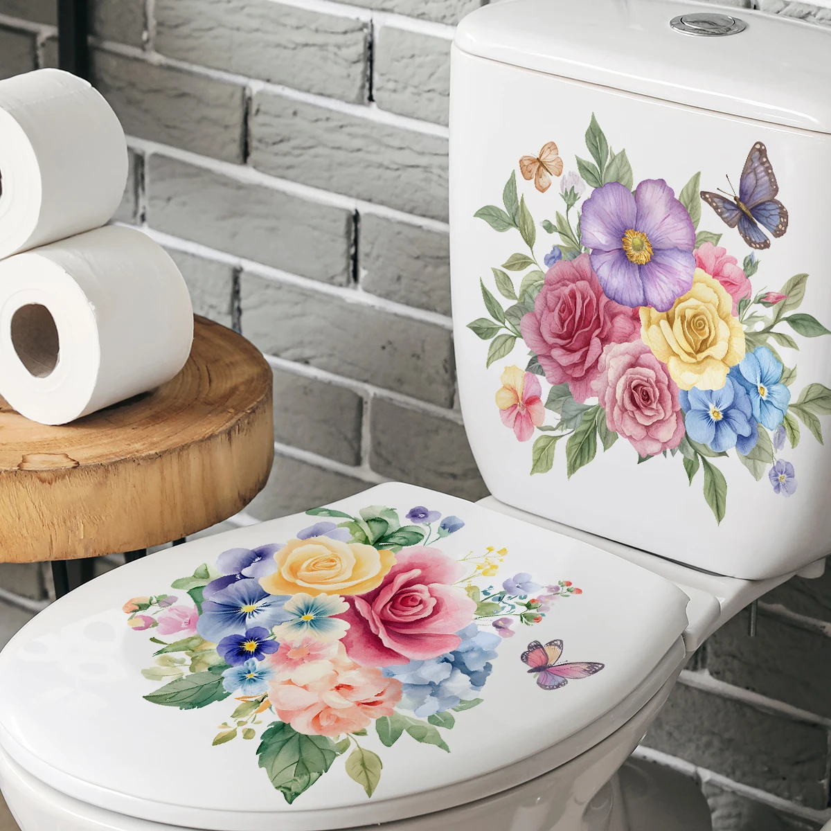 2PCS Painted Flower Bathroom Toilet Stickers Home Wall Waterproof Wall Stickers