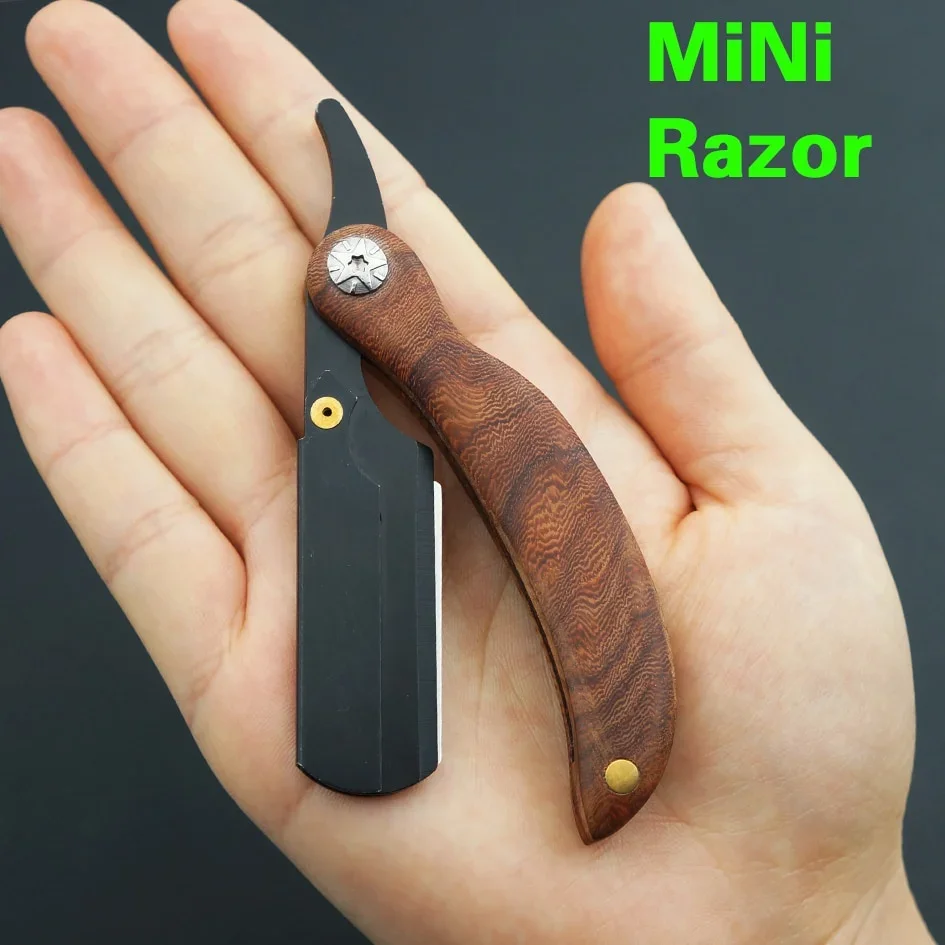 Novo lâminas de barbear navalha mini punho redwood barbeiro corte cabelo portátil tipo lâmina faca