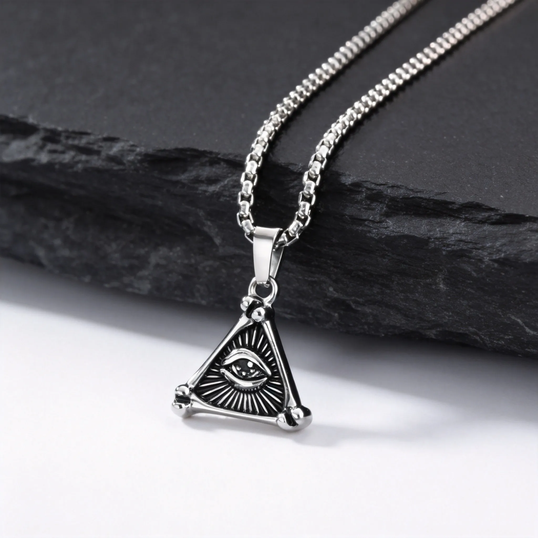 Vintage Eye of God Necklace for Men,Stainless Steel Triangle Geometry Eye of Providence Necklace,Amulet Jewelry Gift