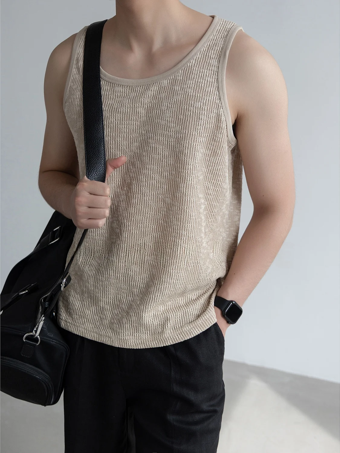 American Retro Knitted Sweat Vest Men Summer Loose Breathable Sleeveless Sports Fitness Top Moisture Wicking round Neck Tank Top
