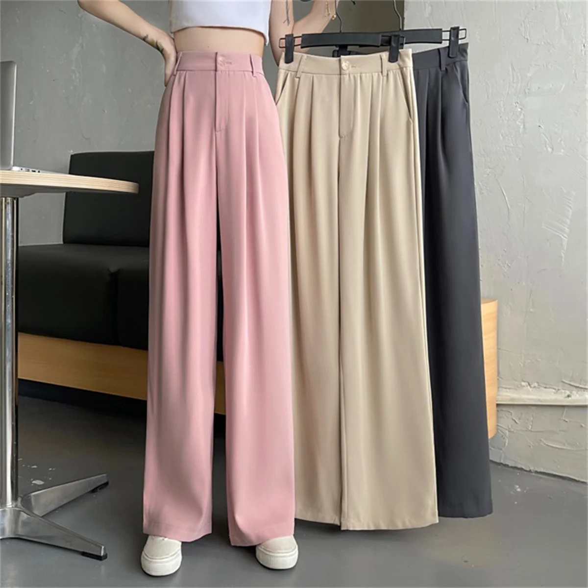 

NZCK02 Women Suit Pants Lady Baggy High Waist Wide Leg Solid Color Trousers Female Straight Leg Mom Classic Office Pant Slacks
