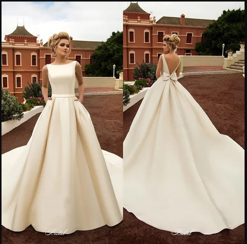 

Элегантные атласные пляжные свадебные платья с карманами и открытой спиной с бантом в стиле бохо, пляжное свадебное платье трапециевидной формы, свадебные платья с открытой спиной, большие размеры