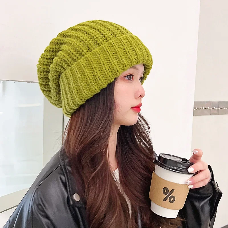 2021 New Winter Warm Knitted Hat Female Skull Hat Men's Loose Big Head Solid Color Casual Beanie Hat