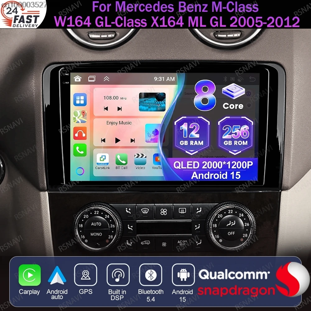 Android 15 For Mercedes Benz M-Class W164 GL-Class X164 ML GL 2005-2012 Wireless Carplay Auto Car Radio Head Unit Stereo DSP BT