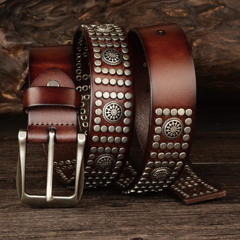 

Men's Metal Pin Buckle Belt Top Grain Genuine Leather Rivet Belts Male Punk High Quality Real Cow Leather Fashion Belt Jeans