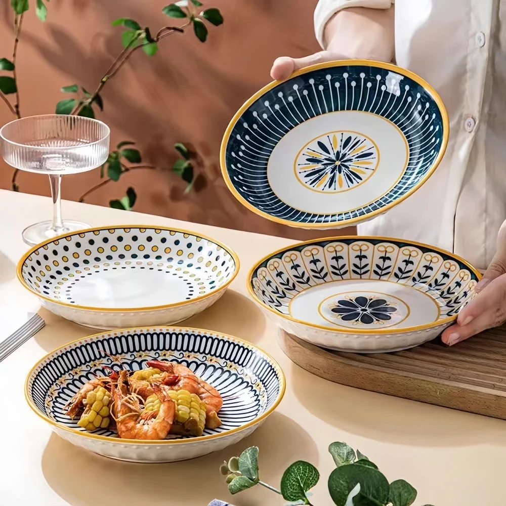 4-pcs-ceramic-8-inch-discs-japanese-dining-table-serving-plates-relief-craft-salad-pasta-plates