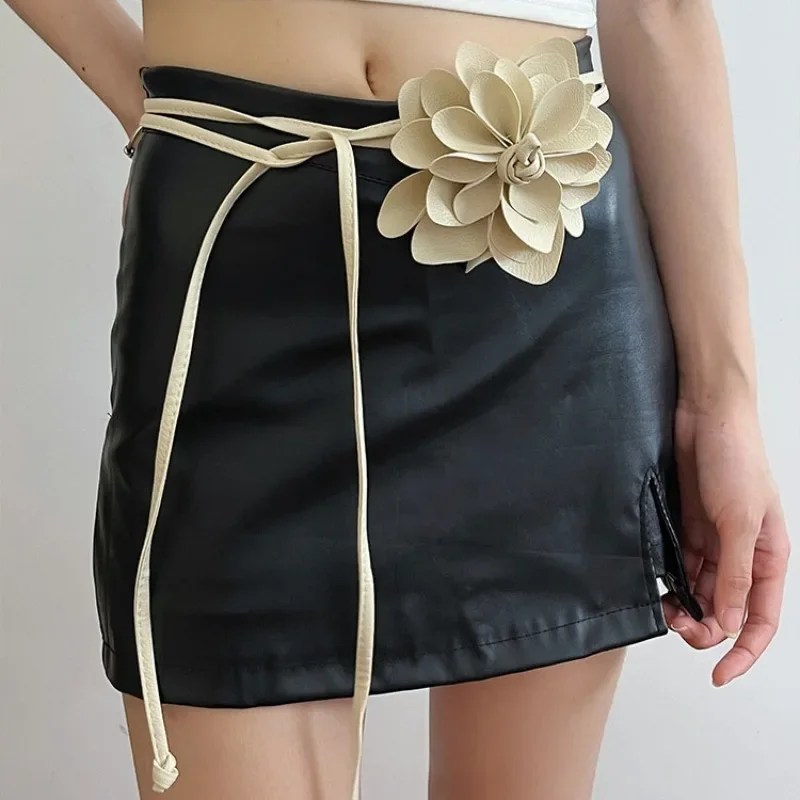 Flower Decoration Leather Belt For Women Luxury Designer Exaggerated PU Leather Lace Up Waistband Belt Rope Y2k Belt Female New