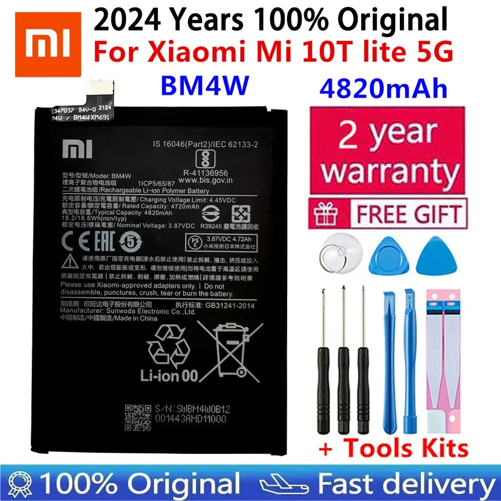 

2024 Years 100% Original High Qulity 4820mAh BM4W Battery For Xiaomi Mi 10T lite 5G Batteries Bateria+ Free tools Fast Shipping