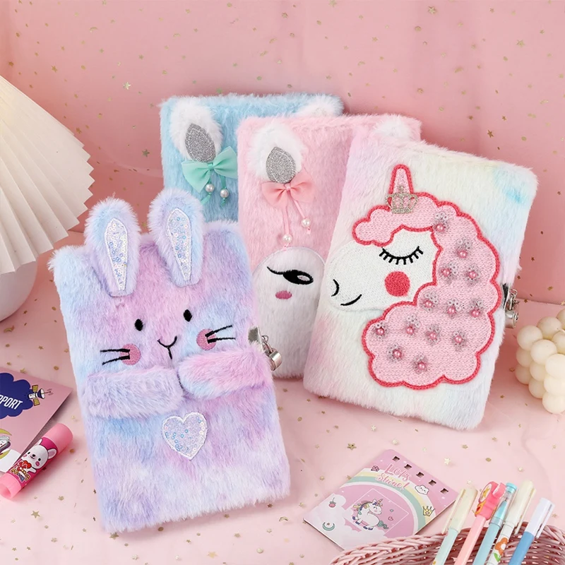 Cartoon Notebook Cute Fox Rabbit Plush Hand Book Diary Book With Lock For Kids Student School Stationery Gift