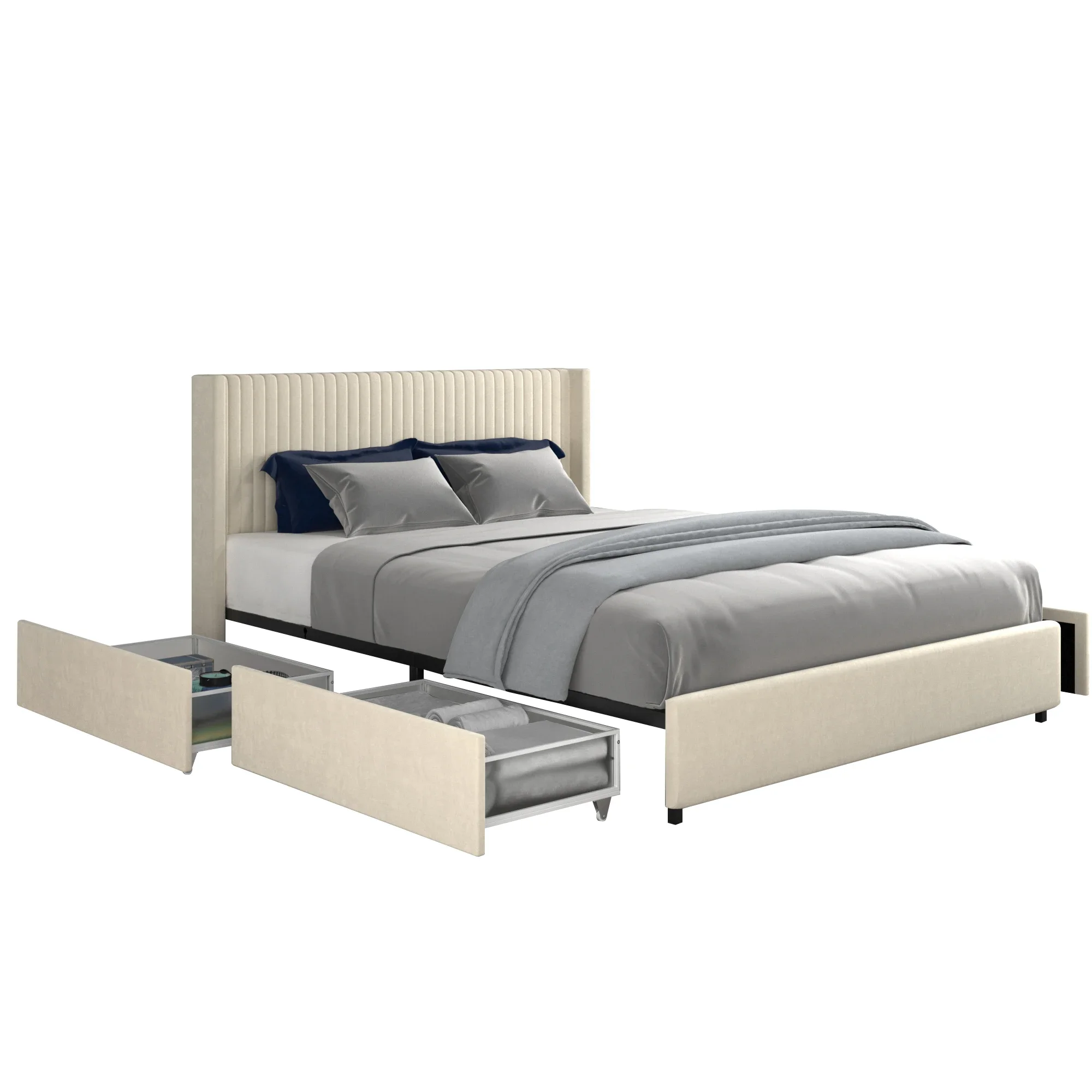 Anna Queen Size Ivory Velvet Upholstered Wingback Platform Bed W/ 4 Drawers Modern Design Headboard&Tight Channel