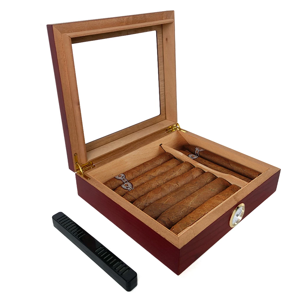 Cigar Humidor, Glass Top Cigar Box with Hygrometer Humidifier and Divider, Desktop Cedar Wood Storage Case Holds 15-20 Cigars