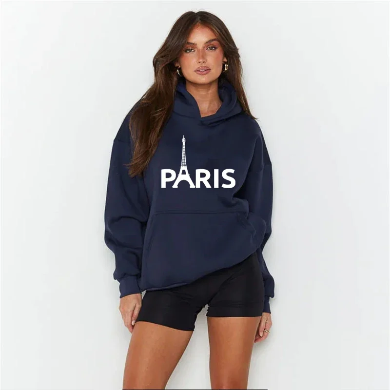 Spring Autumn Women Paris Printed Hoodies Fashion Lady Hooded Sweatshirts Hat Pattern Hoodies Casual Daily Wear