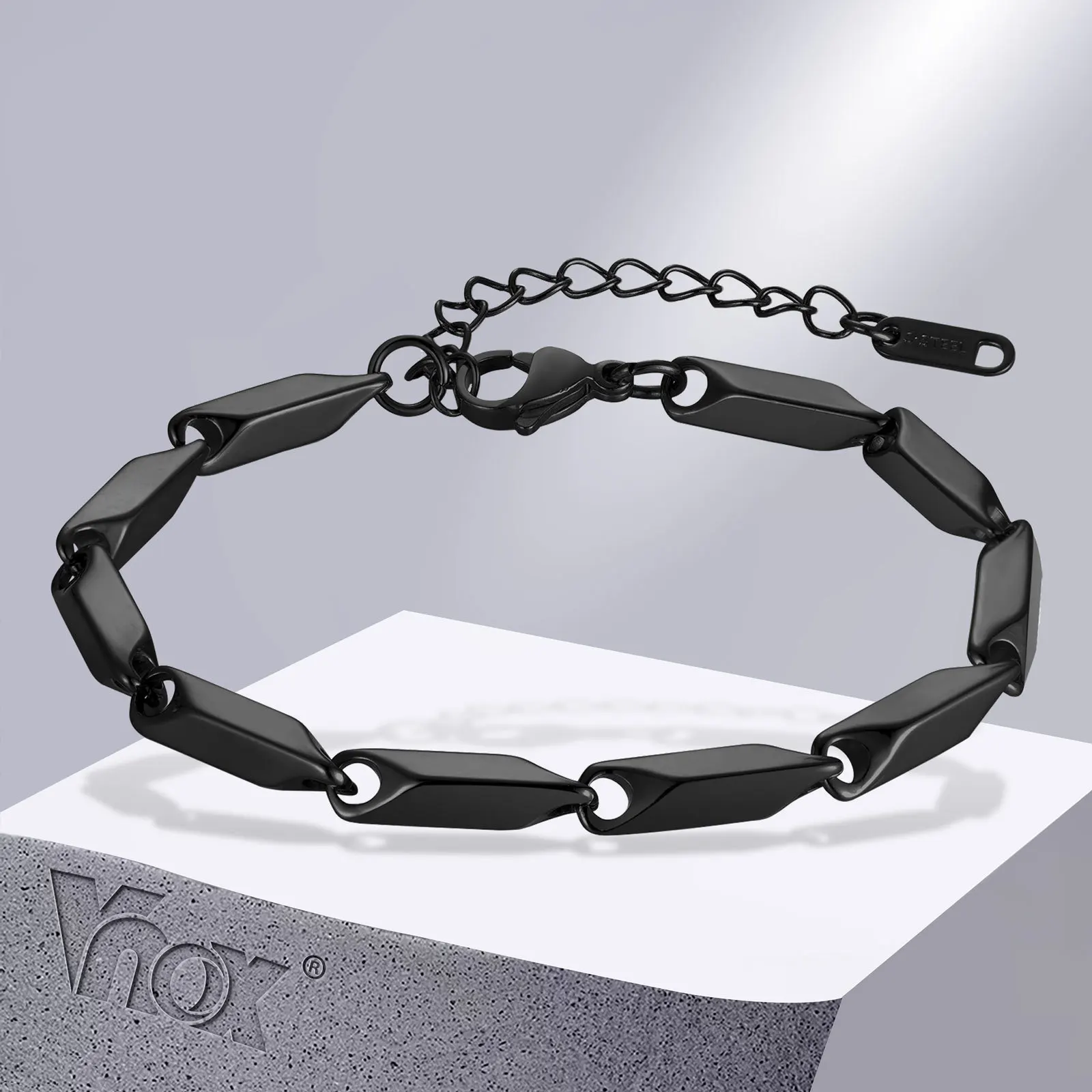 Vnox Chain Bracelet for Women Men,Black Gold Color Geometric Links Chain, Adjustable Casual Unisex Wristband