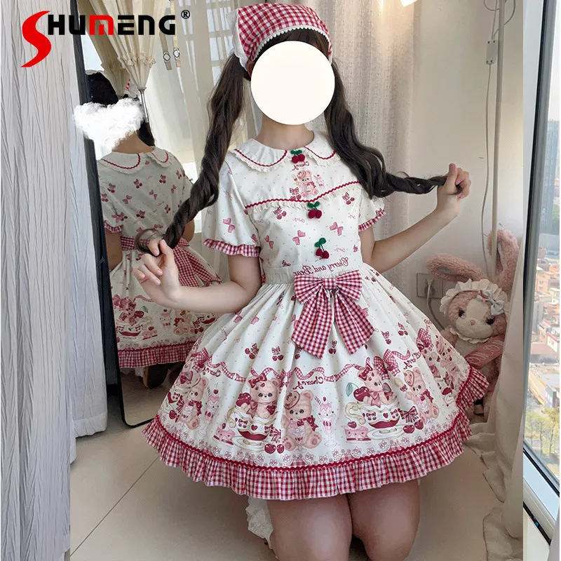 

Original Japanese Style Sweet Kawaii Girl Princess Dress Doll Collar Puff Sleeves Plaid Bow Cute Print Lolita OP Dress for Women