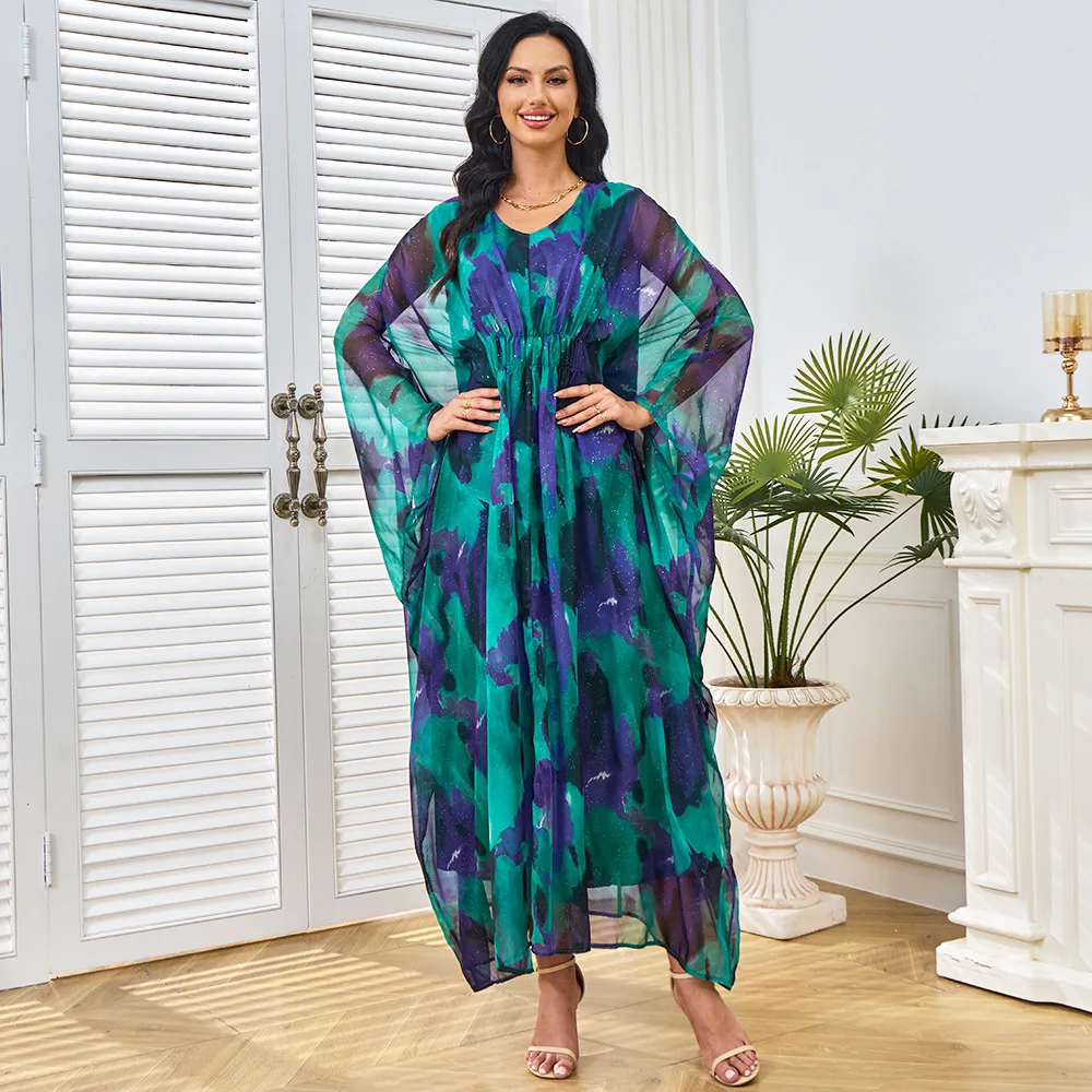 Muçulmano plus size brilhante vestido de noite para mulheres impresso casual robe dubai bat manga formal banquete kaftan cintura alta vestido de escritório