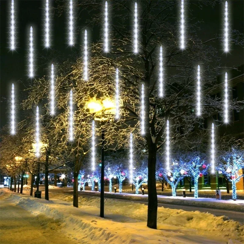 LED Meteor Shower Rain Lights 1/2/3/4Set Falling Rain Fairy String Lights Christmas Holiday Snow Falling Icicle Cascading Light