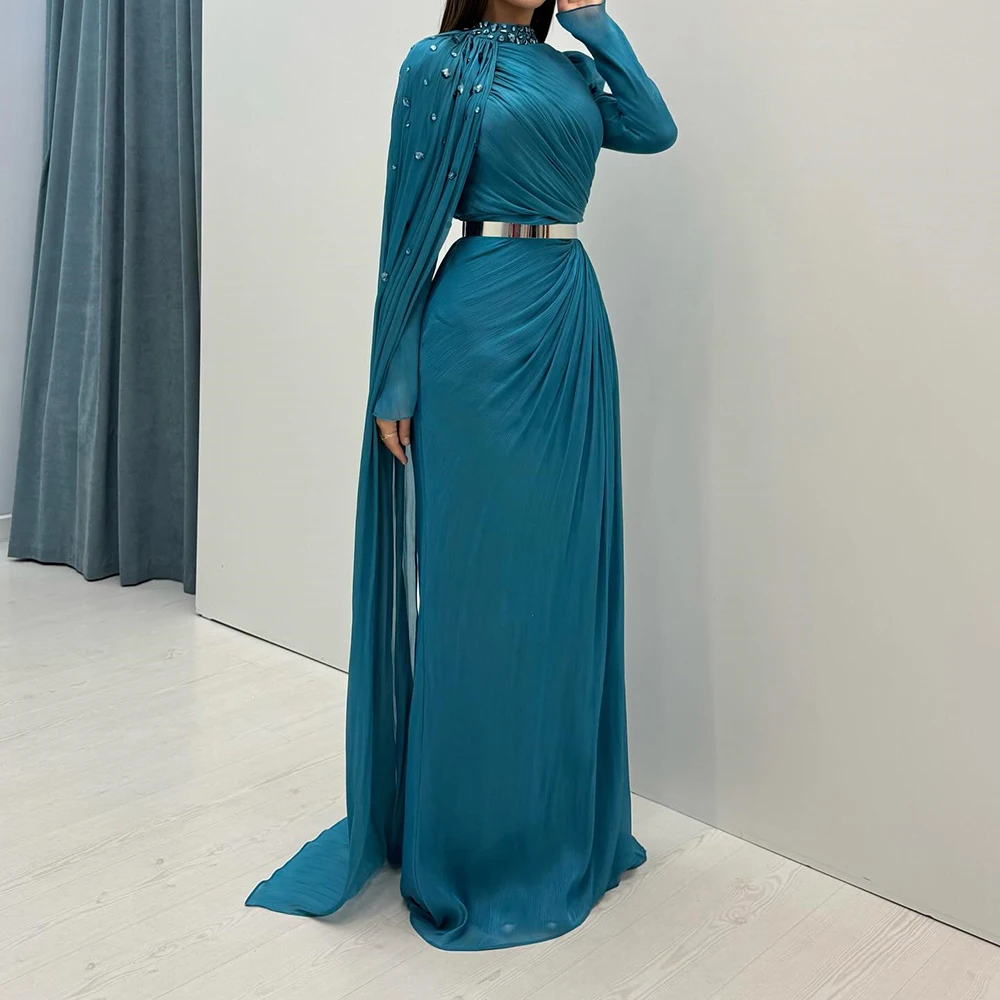 

Вечерние платья трапециевидной формы по индивидуальному заказу, длиной до пола, с высоким воротником и длинными рукавами, платье для выпускного вечера, модное платье с кристаллами, простое драпированное вечернее платье