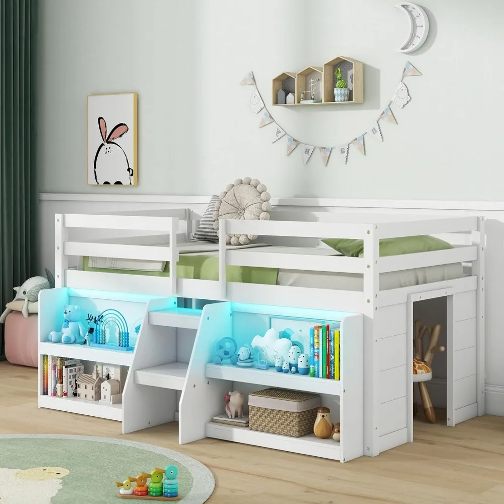 

Low Loft Bed with LED Lights, Wooden Twin Loft Bed with Stairs & Safety Guardrail, Loft Bed for Kids with Storage Bookcase and