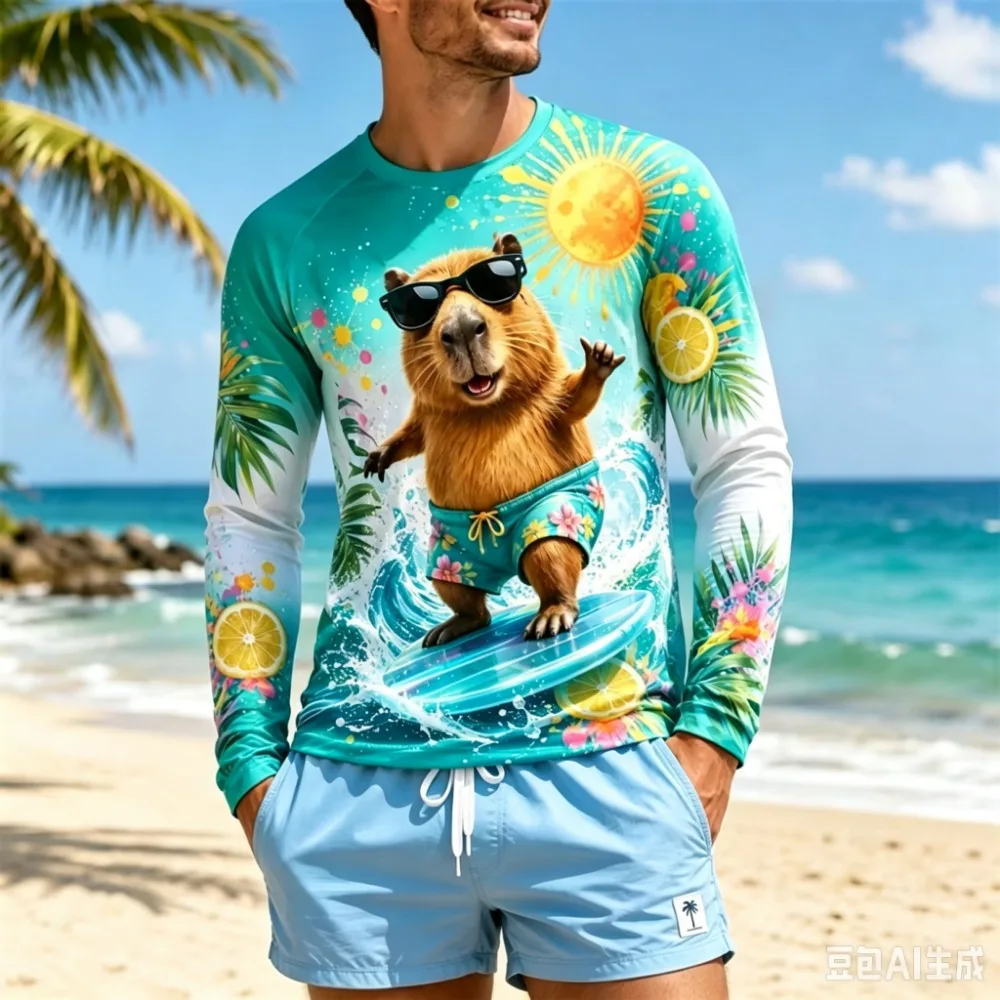 Cool Funny Surfing Capybara Sunglasses Pattern 3D Printed Men Long Sleeve T-shirt Casual Breathable Fashionable Quick-drying Tee