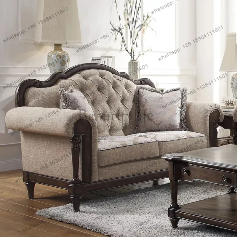 American retro solid wood sofa fabric jacquard three-person combination French large flat sofa
