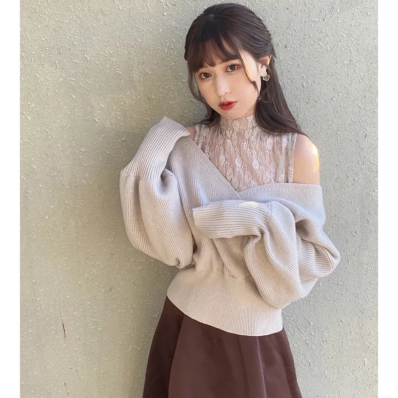 

Gagarich 2025 Autumn Winter New Japanese Cross Border Sweet Solid Color Off Shoulder Lace Splicing Knitted Sweater Top