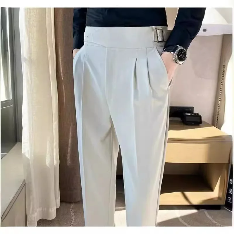 British Style Men High Waist Casual Dress Pant Men Belt Design Slim Trousers Formal Office Social Wedding Party Dress Suit Pants