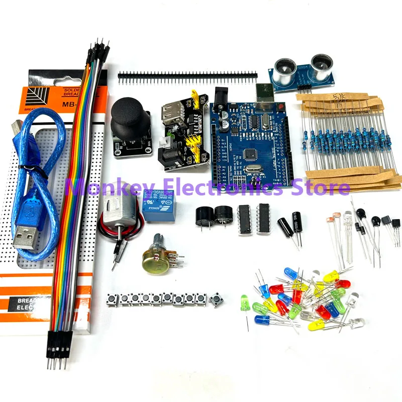 R3 MEGA2560 Rocker Motors Ultrasound Relays LEDs Breadboards Starter Learning Kit