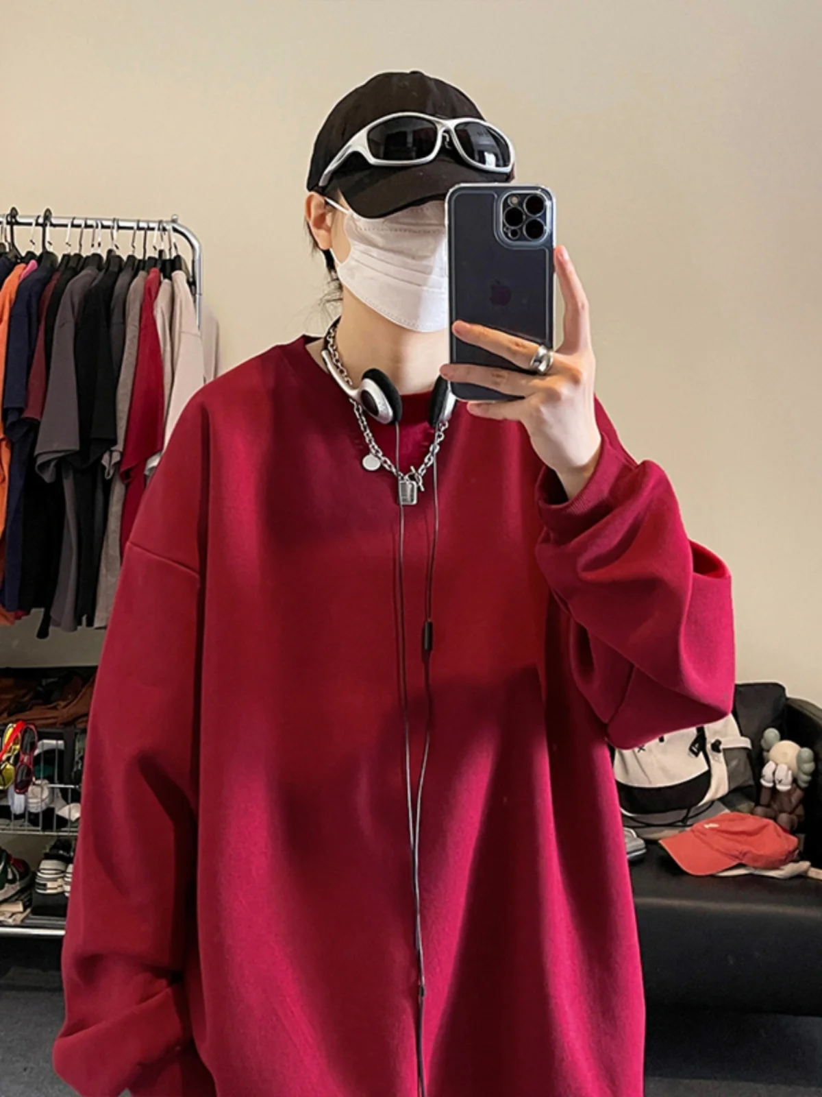 

Red Wine Color Hoodl Sweatirt Men's Spring Autumn American Retro Jaet Oversize Long Sve T-irt for Teenagers