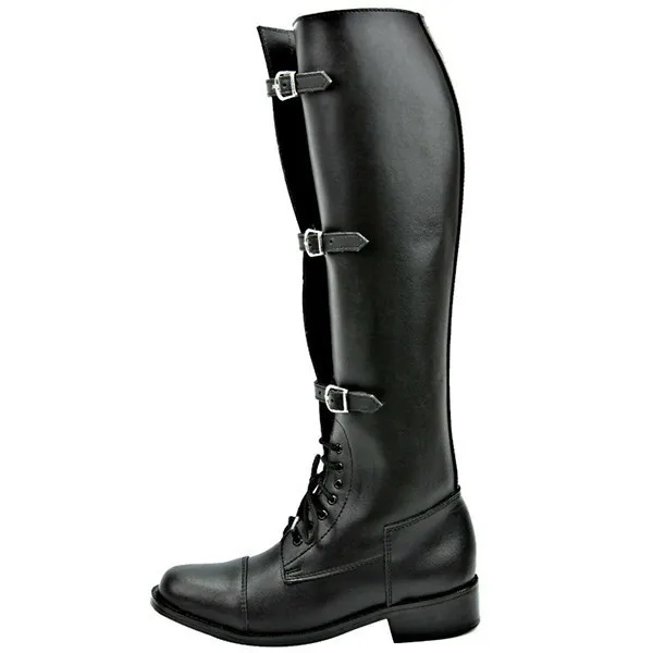 British Man Three Buckle Strap Lace- up Flat Knee Boots Hombre Zapatos Riding Boots Brown Vintage Leather Motorcycle Boots