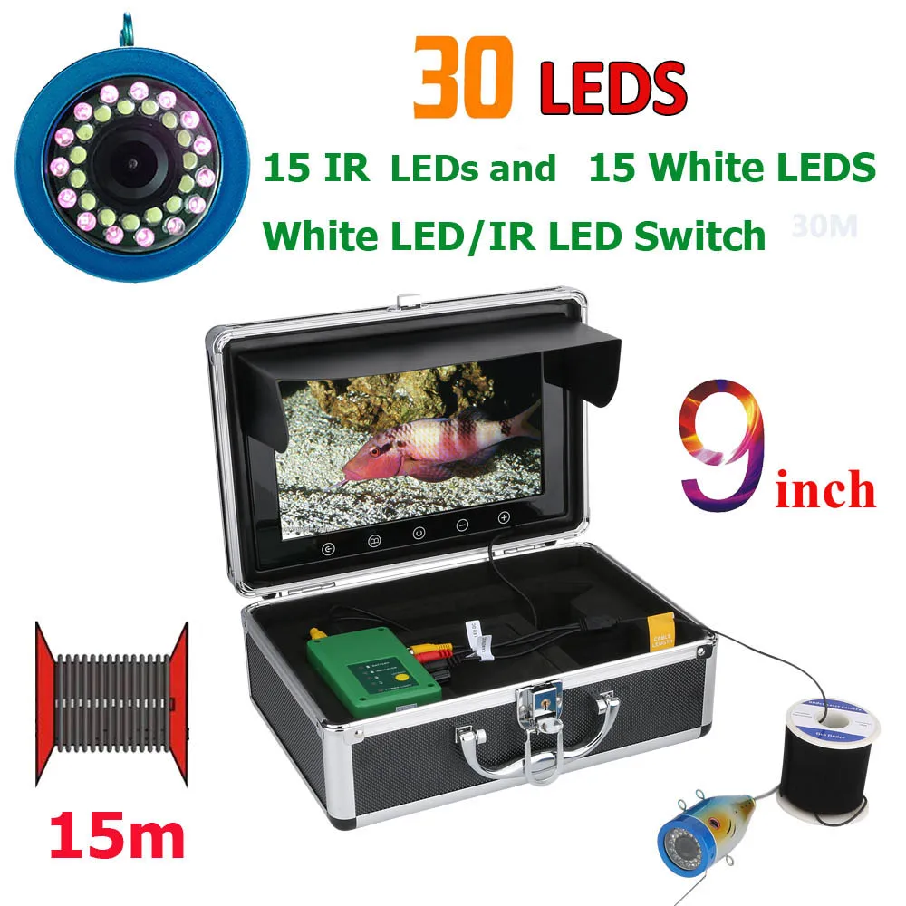 9 Inch 15M 1000TVL Underwater Fishing Camera with 15pcs White LEDs and 15pcs Infrared Lamp for Ice Sea River Fishing Gear