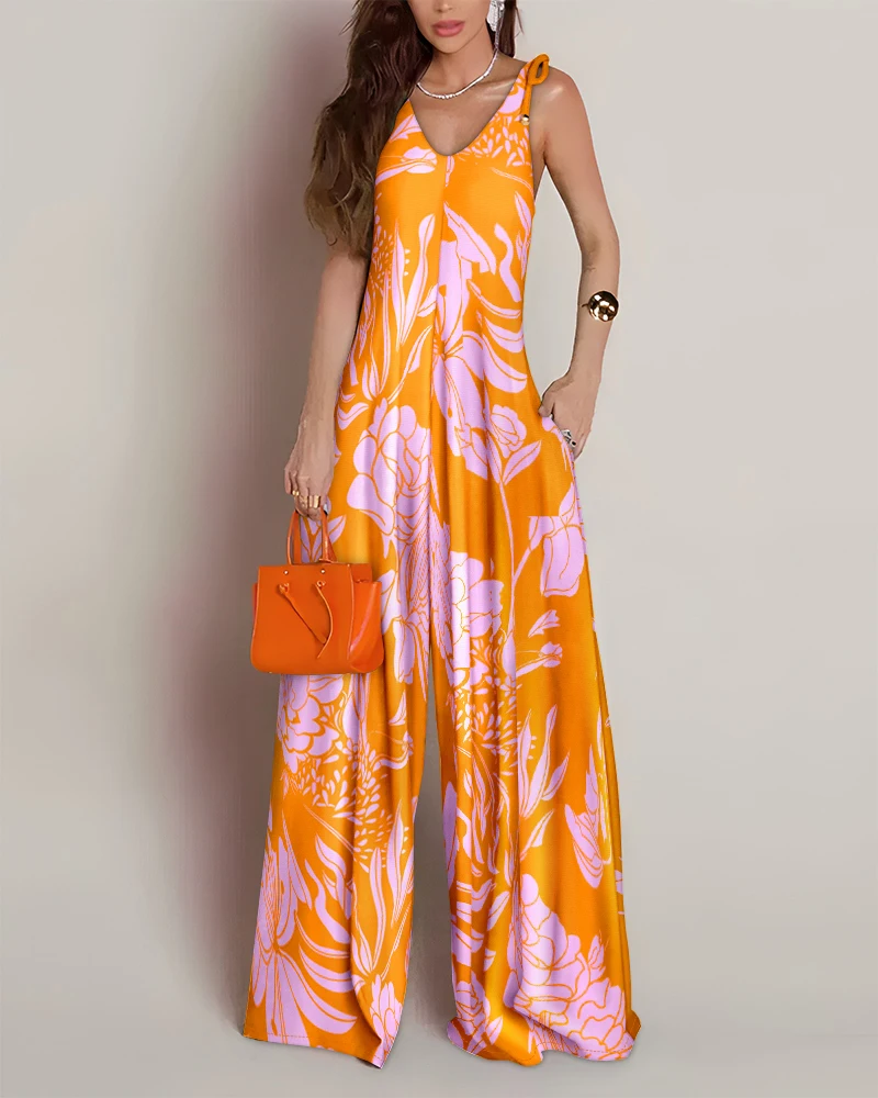 Jumpsuit Woman Floral Print V Neck Lace Up Strap Jumpsuit Casual Pocket Design Romper Fashion 2025 Spring Summer