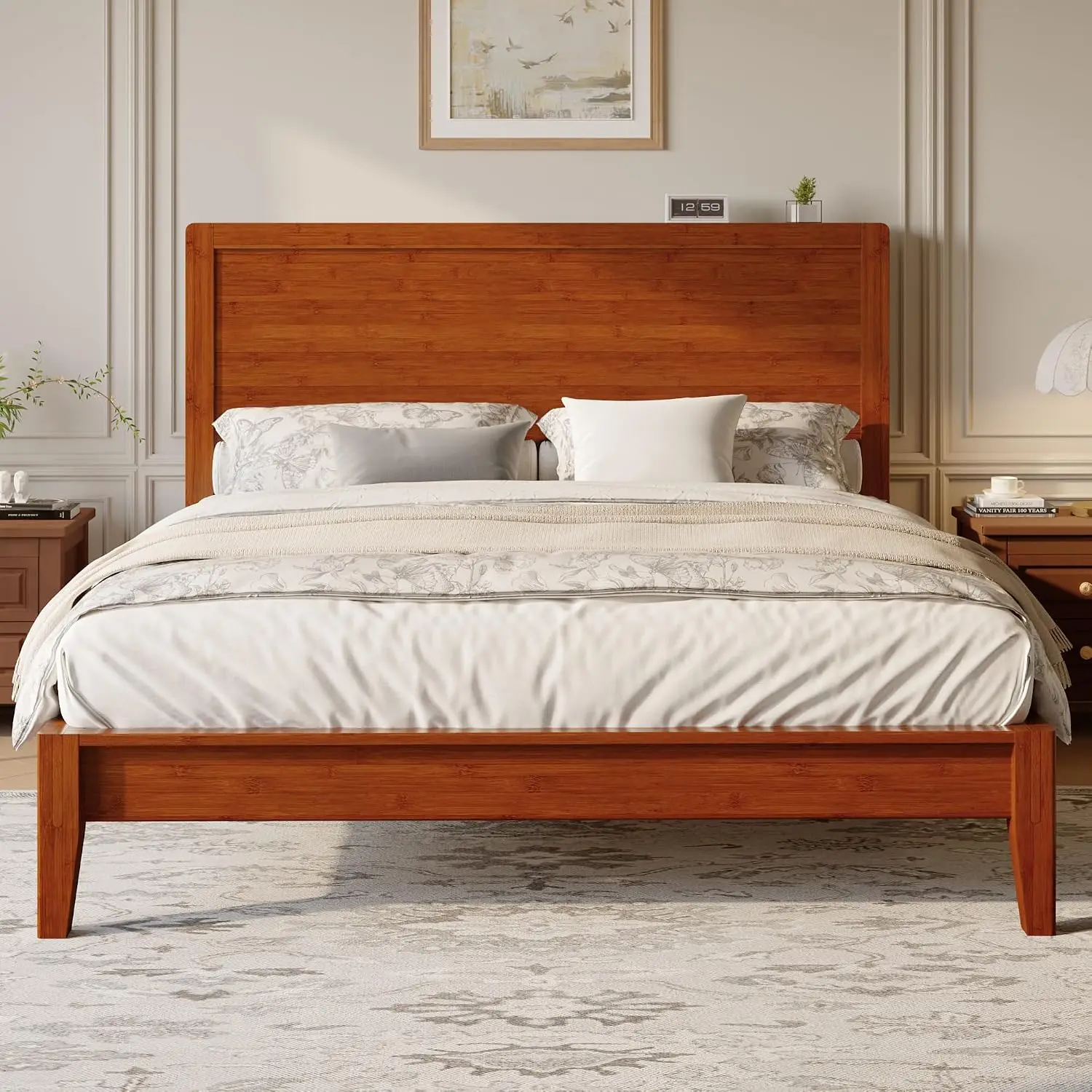 Queen Size Bamboo Bed Frame with Tall Headboard, Japanese Joinery Platform Bed, Sturdy Wood Slat Support, 7.9