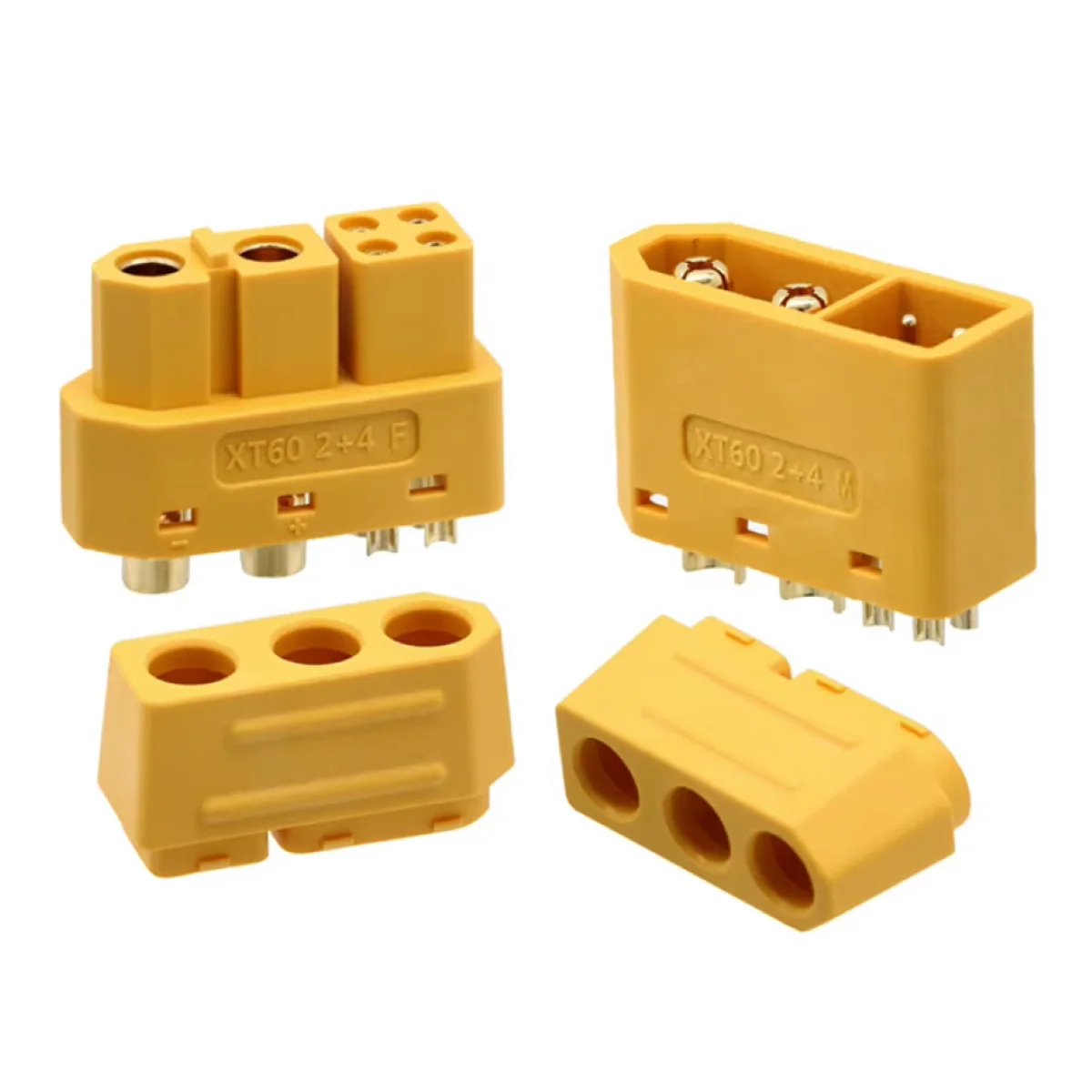 5Pcs Xt60 2+4 F m Xt60(2+4)-M Xt60(2+4)-F Pa66 Ul94-V0 Main Copper Parts 20A Signal Pin 3A Yellow Male and Female Connectors Ip40 Dc500V with Signal Pin and Sheath Soldered Wire High Current Interface Controller New Original Model Airplane Plug Connector Xt60 2+4 m