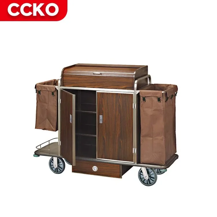 

Commercial Use Wholesale Stainless Steel Wood Housekeeping Cart Guestroom Room Service Cart Housekeeping Trolley Hotel Supplies