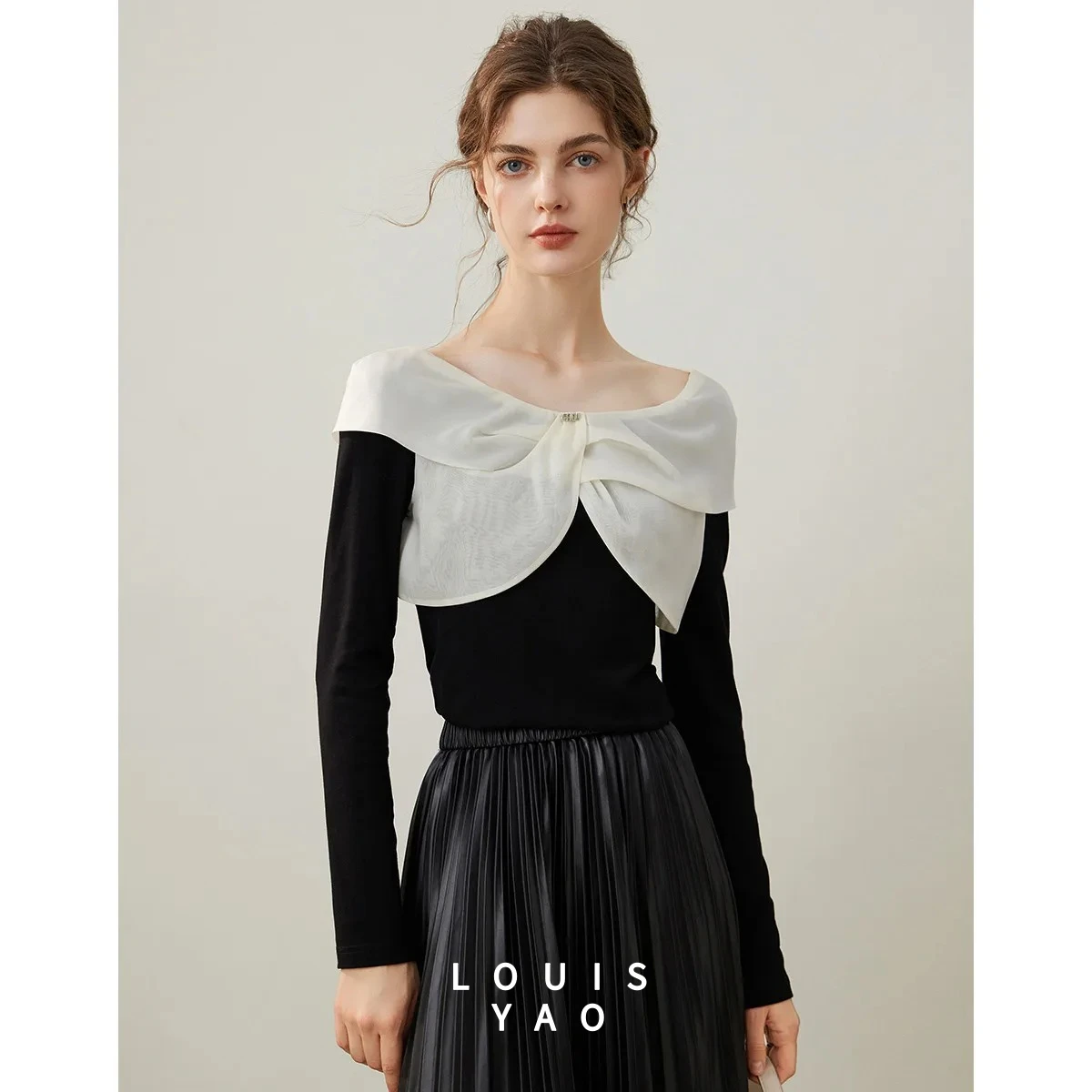 

LOUISYAO Shawl Collar Slim Fit Women's T-shirt 2026 Spring Autumn Long Sleeve Pullover Slightly Stretchy Casual Daily Tees