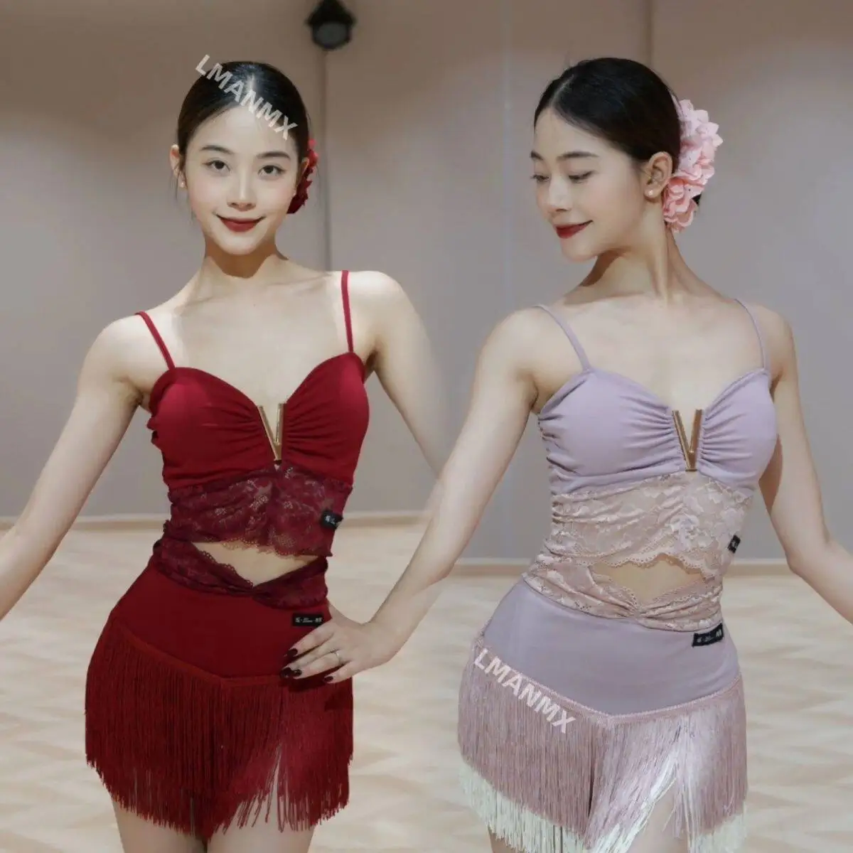 

New Latin Dance Wear Training Outfit Performance Ensemble Deep V Strapless Short Top Fringed Skirt Adult