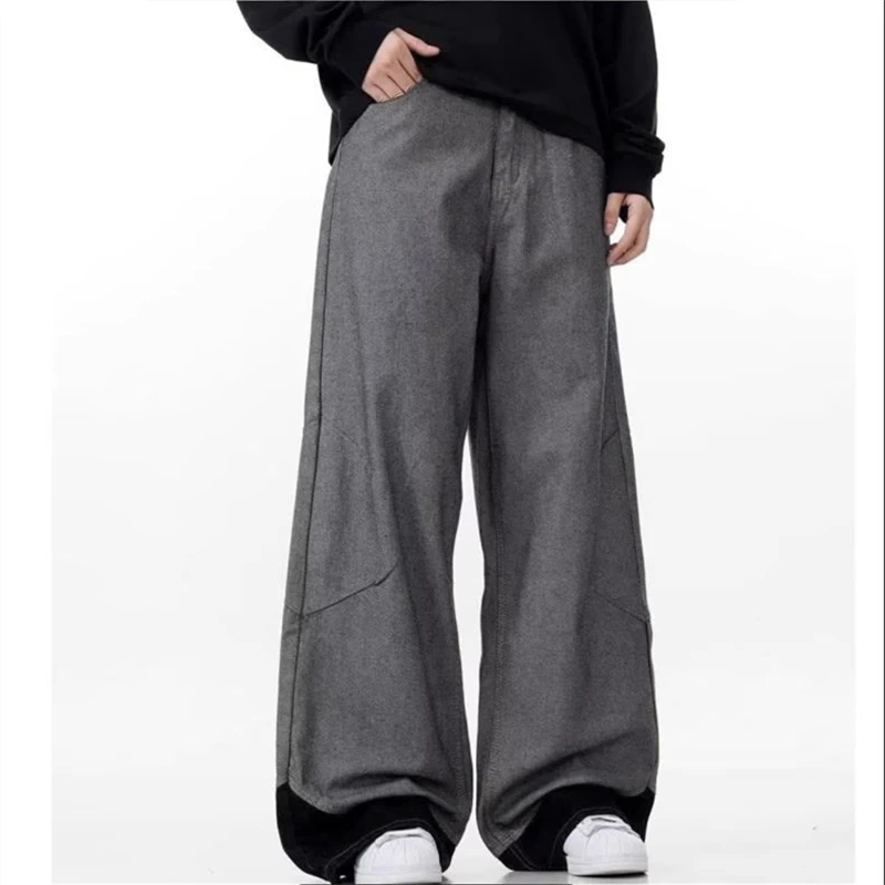 

Women's Retro Patchwork Contrasting Wide Legs Jeans High Waisted Straight Vintage 90s Trouser Streetwear Casual Y2K Denim Pants