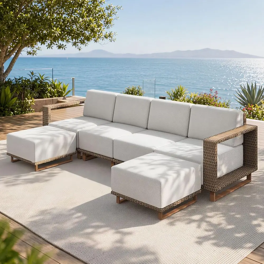 

Sectional Outdoor Patio Furniture Set with Thick Cushions, 6-Seat Yellow Wicker Sofa for Garden Lawn