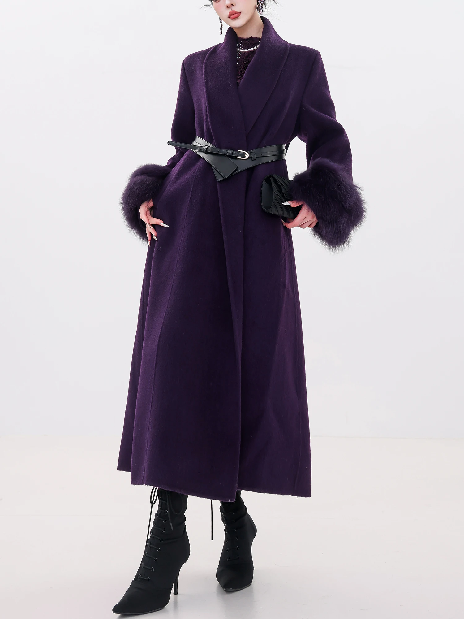 

ABWLR Original Fur Sve Double Face Wool Long Coat Women's Belted Collar Jaet Loose Fit Thiened Winter Outerwear