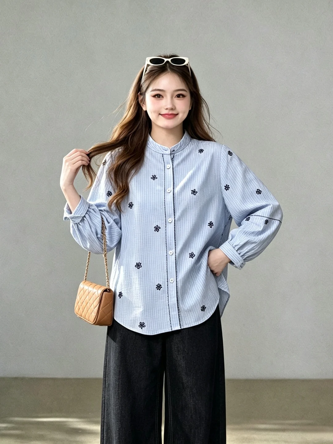 plus Size Women's Shirt Korean Style Stand Collar Embroidered Striped Single Button Long Sleeve Slimming Top for Autumn