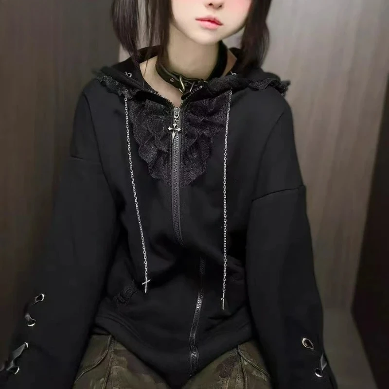 Kawaii آذان القط مقنعين هوديس غير رسمية النساء Y2k الجمالية الجرونج عادية ضمادة سستة البلوز اليابانية معطف الموضة الإناث