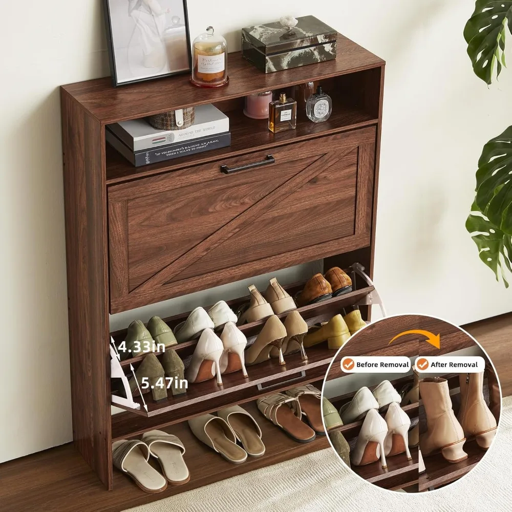 Freestanding Slim Shoe Storage Cabinet with Flip Drawers and Legs - Farmhouse Style Narrow Organizer Rack