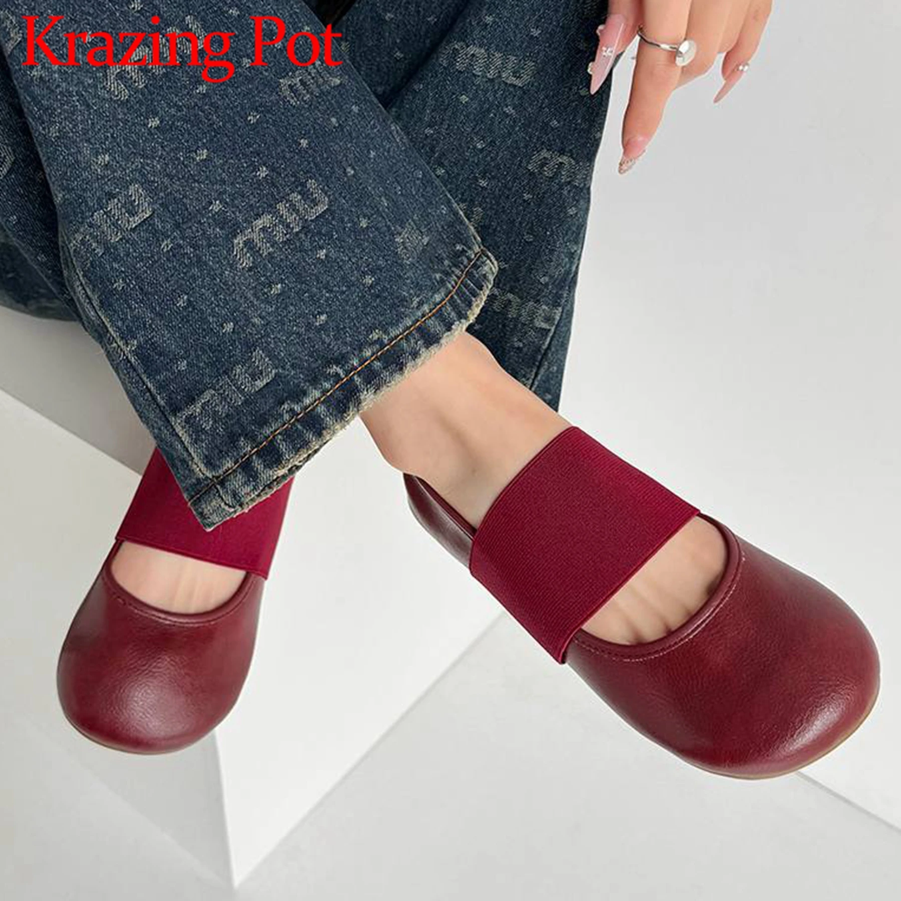 

Krazing Pot Full Grain Leather Round Toe Slip On Women Spring Modern Simple Mature Summer Fashion Soft Glove Shoes Ballet Flats