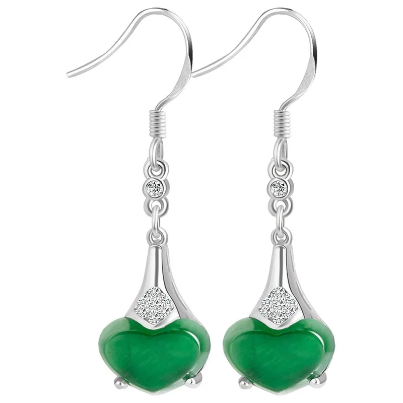 

Real Solid 925 Sterling Silver Natural Grade A Jade Jadeite Women Green Heart Dangle Earrings