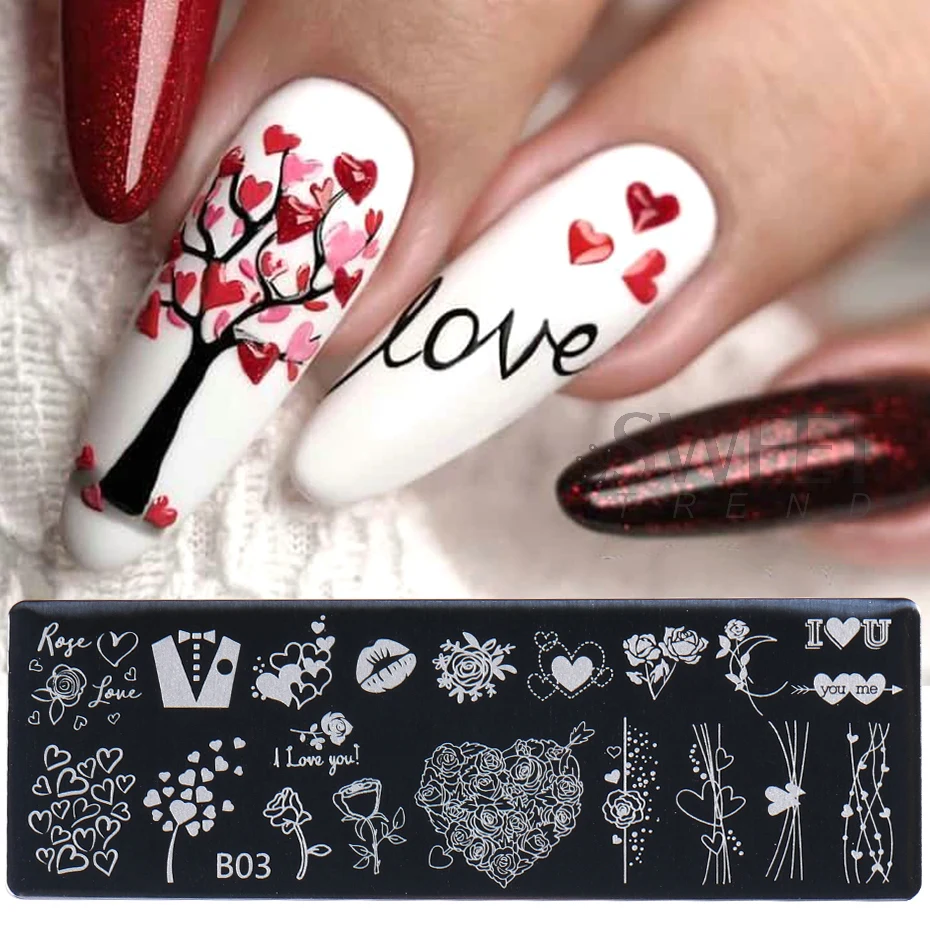 Valentine Heart Nail Stamping Plate Sweet Geometry Love Lip Pearl Image French Line Printing Mold Manicure Stencil Template Tool