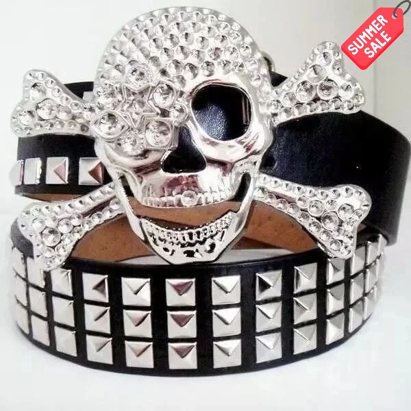 

New Gothic Studded Belt Trendy Punk Skull Rhinestone Belt for Men and Women Street Dance Fashion Belt
