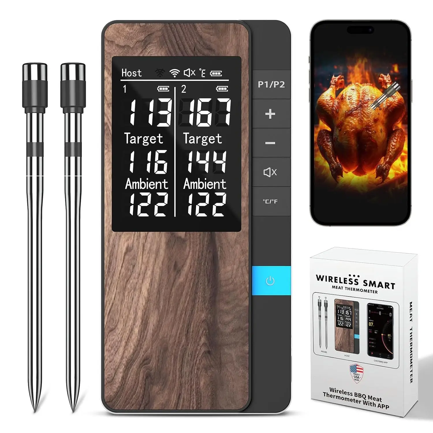 

Wireless Digital Meat Thermometer with Ultra-Thin Probes - Bluetooth Food Thermometer for BBQ, Grill, Smoker (2 Probes)