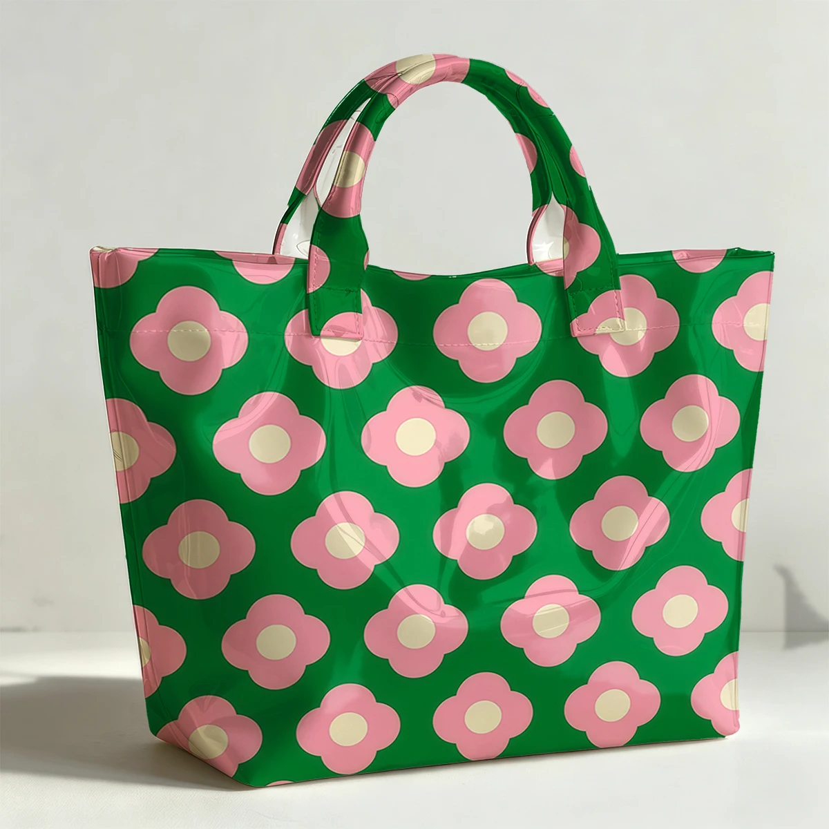 Green pink flower pattern PVC Tote Bag Lightweight Handbag Commuting Large Capacity Portable Travel Shoulder Bag Tote Bag Mothe